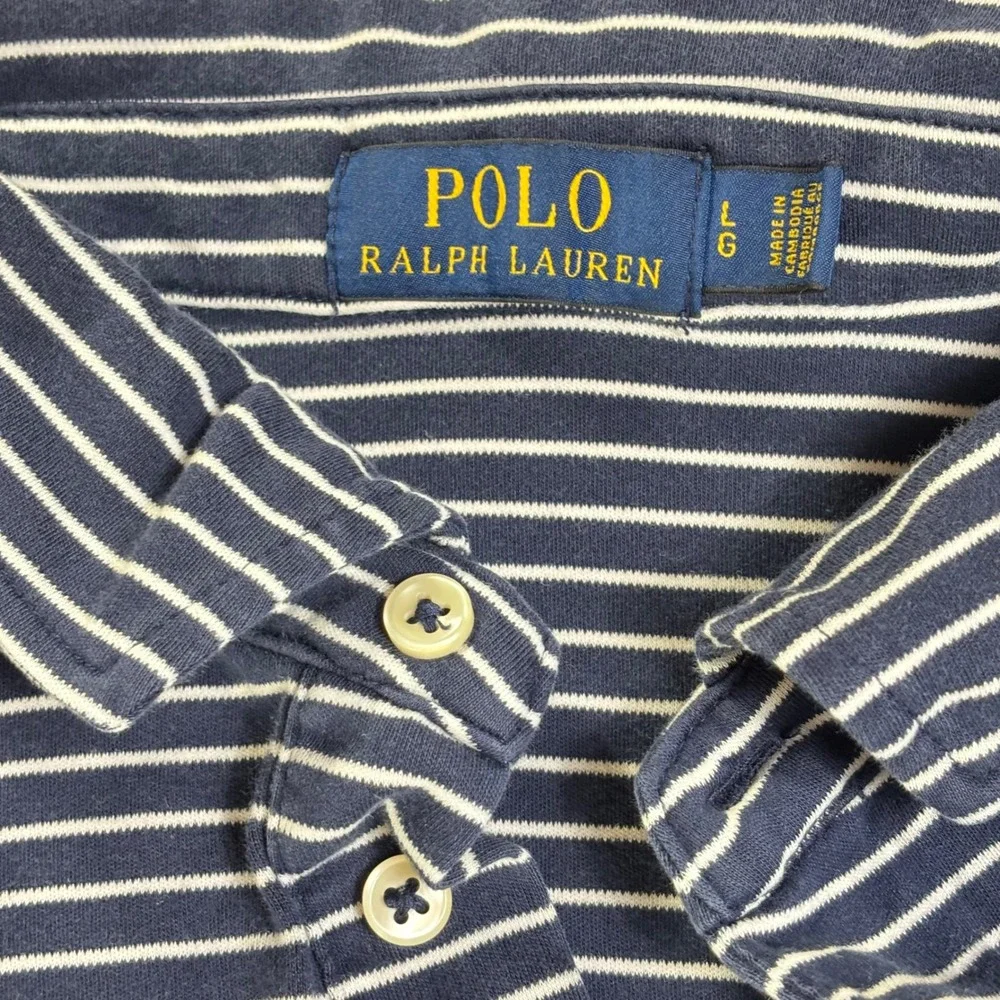 Polo Ralph Lauren Mens Large Navy Blue White Striped Short Sleeve Polo Shirt L - Picture 2 of 8